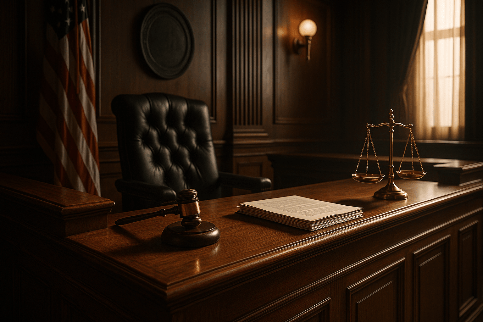 Courtroom interior showing judicial bench and legal scales relevant to extradition proceedings